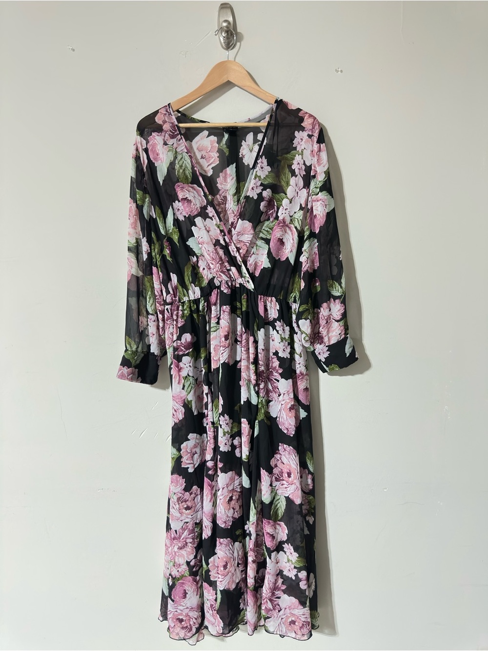 Kate and Lily Women’s Black Pink Floral Faux Wrap Midi Dress Size 18W Plus